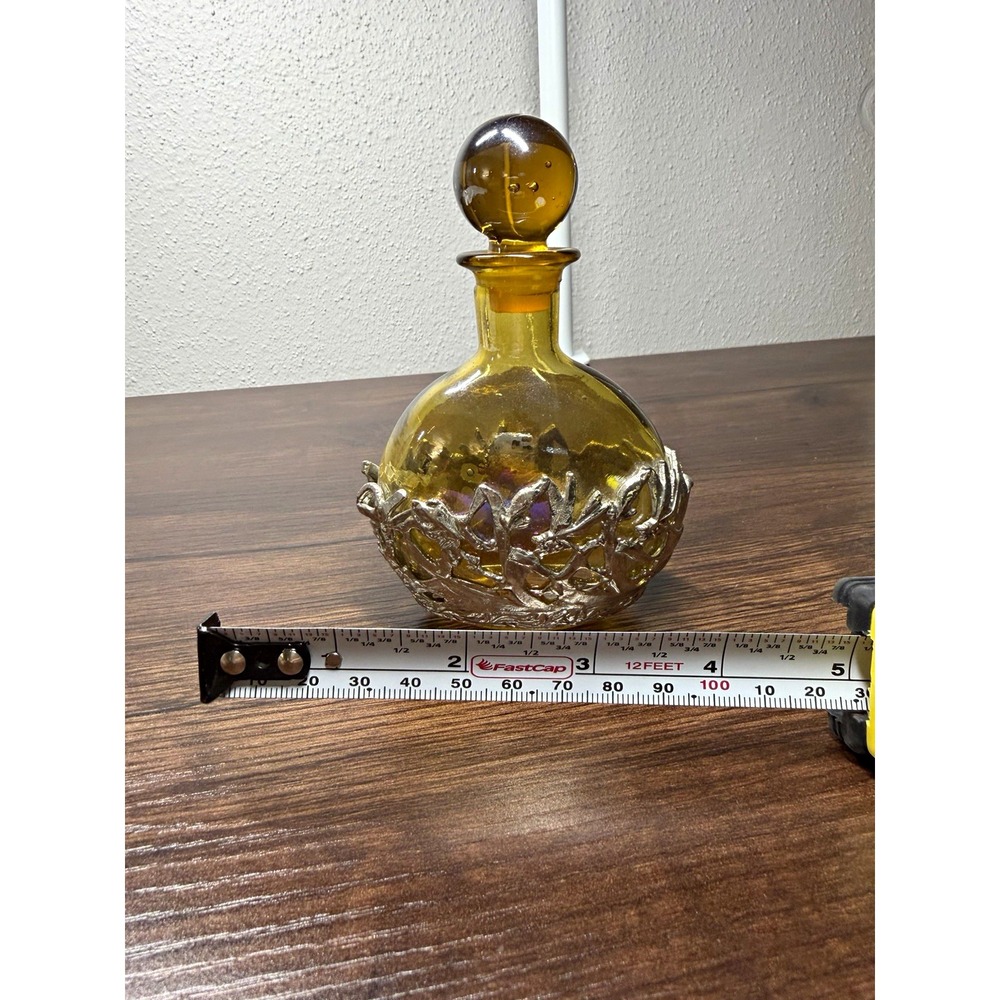 Artisans Brown Amber Glass decorative perfume bottle silver metal overlay base